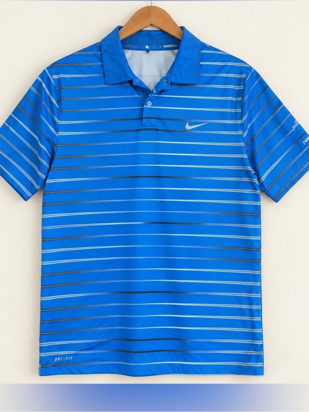 Nike Tiger Woods Dri FIT Golf Polo Mens S Blue Striped Pebble Beach